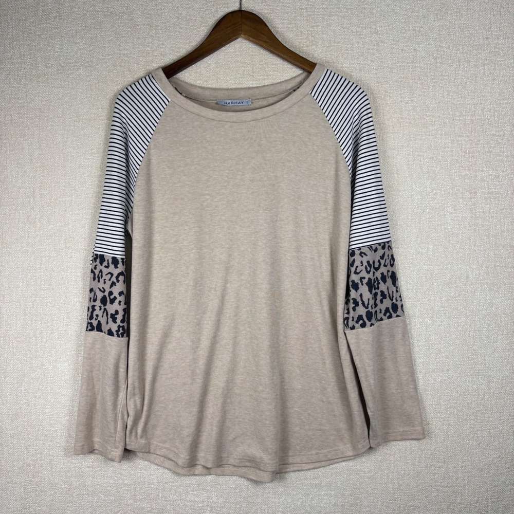 Harhay Womens Large Raglan Top Tan Striped Leopard Animal Print Mixed Media L
